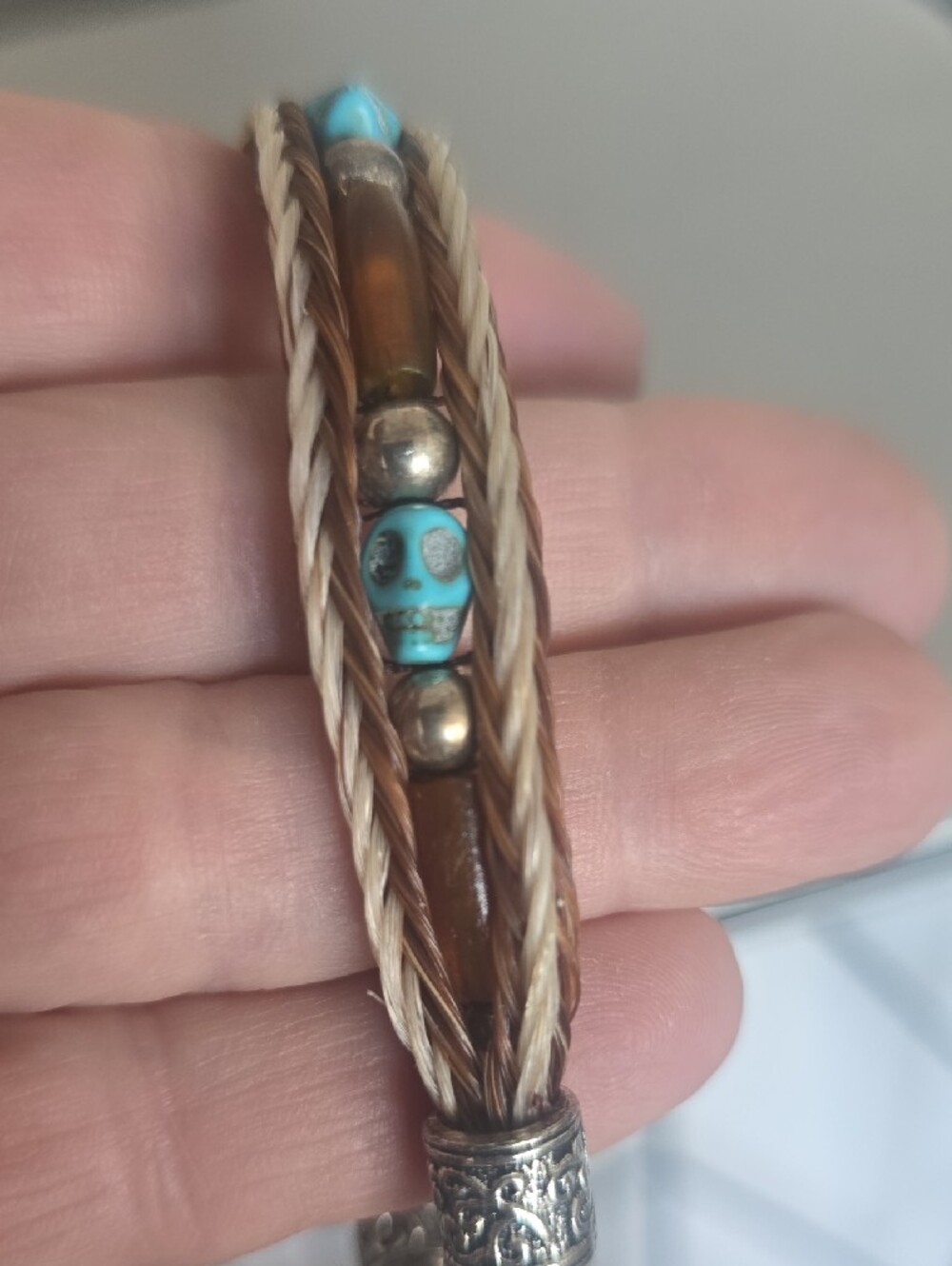 Braided Horsehair & Bone Bead Wrap Bracelet with Turquoise Colored Skull Beads